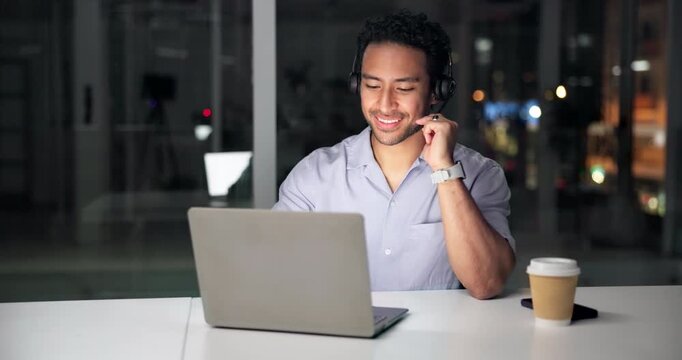 Call center, man and headset with laptop at night for tech support, network resolution or assistance. Help desk technician, agent and talking to international client for troubleshoot guidance and FAQ