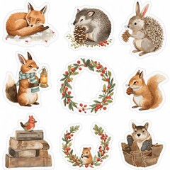 Obraz premium Watercolor forest animal stickers with winter berries wreaths and books transparent background