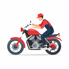 Obraz premium Mechanic riding red motorcycle in workshop after completing repairs with confidence and a sense of accomplishment.