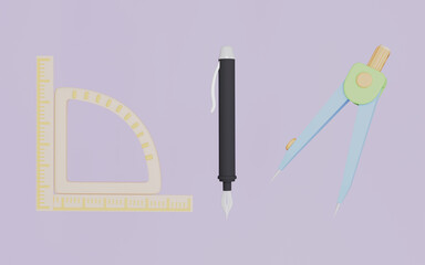 Pencil and ruler icon for school art design 3d illustration 