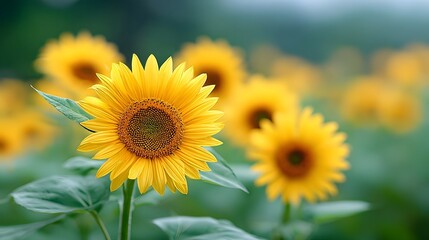 Obraz premium Close up perspective of a bright yellow sunflower in a field of many with a soft focus background evoking feelings of warmth and natural beauty during the summer season