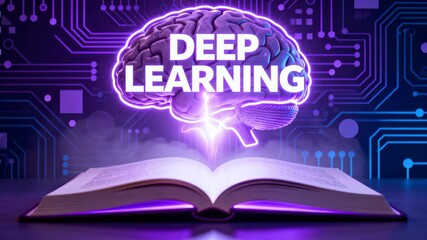 Open book with a glowing brain above it, illuminated by purple light, and the text "Deep Learning" on a futuristic digital circuit board background, symbolizing AI and technology. - Powered by Adobe
