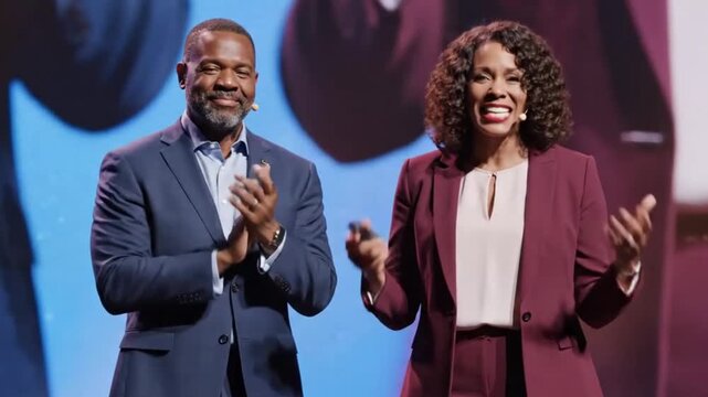 A dynamic pair of diverse professionals stands confidently on a vividly lit stage, engaging with an unseen audience during a presentation or conference. The male speaker gestures enthusiastically, whi