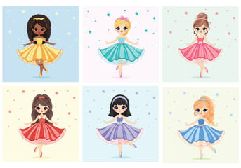 Set of pretty international different girls dancing in a beautiful dress on color background. Poster, Banner, Flyer, Greeting Card. Vector illustration in flat cartoon style