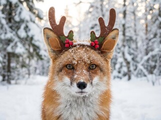 Cute red fox wearing a festive headband with reindeer antlers and berries, standing in snowy winter forest, close-up portrait with snow on fur.