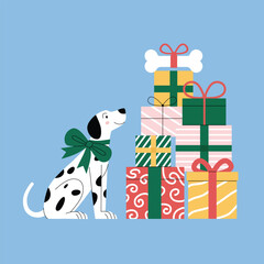 Dalmatian admiring festive gift stack topped with a bone