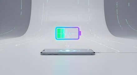Wireless charging pad with holographic battery indicator in studio setting for technology promotion