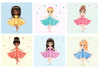 Set of pretty international different girls dancing in a beautiful dress on color background. Poster, Banner, Flyer, Greeting Card. Vector illustration in flat cartoon style