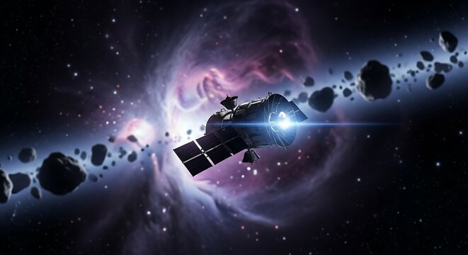 Spacecraft navigating through asteroid field with nebula backdrop.