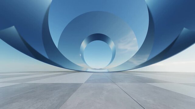 Abstract curved architecture background, Metallic exterior space with concrete floor, Futuristic modern titanium building backdrop, 3d rendering