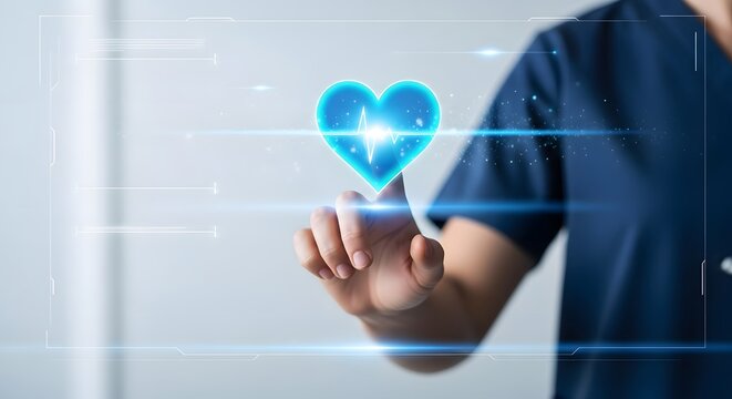 Doctor interacting with digital heart interface displaying healthcare technology and medical innovation