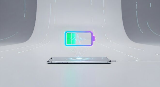 Wireless charging pad with holographic battery indicator in studio setting for technology promotion - Powered by Adobe