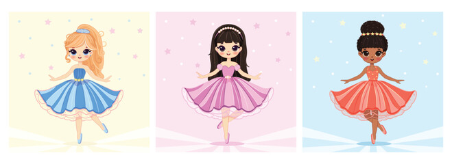 Set of pretty international different girls dancing in a beautiful dress on color background. Poster, Banner, Flyer, Greeting Card. Vector illustration in flat cartoon style