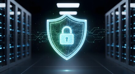 Cybersecurity shield protecting data in server room with network connections and data flow