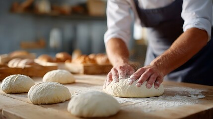 Fototapeta premium An artisan baker is actively engaged in the traditional process of kneading a mound of raw dough dusting it with flour on a wooden surface with freshly baked bread visible in the background
