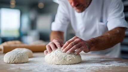 Close up of a professional baker s hands shaping and working raw dough covered in flour on a rustic wooden countertop highlighting the art of bread making