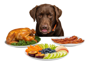 Healthy chocolate Labrador dog with orange collar, eyes fixed on roasted chicken & bacon, facing vibrant healthy food plate on light grey studio background, concept of pet diet dilemma.