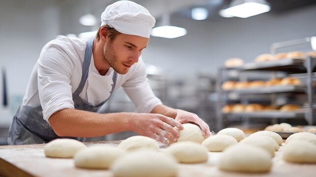 Focused baker in professional attire meticulously crafts raw dough balls by hand set against the backdrop of a commercial bakery with racks of baked goods ready for sale