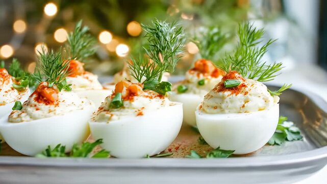 Gourmet deviled eggs with dill and peppers on a festive tray for holiday appetizers