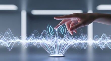 Human finger interacting with digital waveform visualization on a modern surface