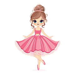 Cute and pretty girl is dancing in a beautiful pink dress on white background. Poster, Banner, Flyer, Greeting Card. Vector illustration in flat cartoon style