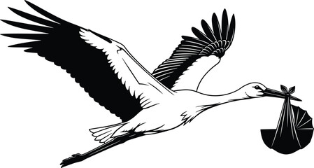 Flying stork carrying baby bundle in beak, symbolic birth illustration, newborn arrival concept, motherhood, family celebration, parenting and baby announcement design