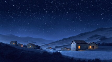 A snowy village night scene with stone houses glowing warm lights from windows,