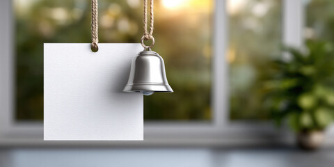 Blank card silver bell rope window sunlight indoor nature invitation announcement calm
