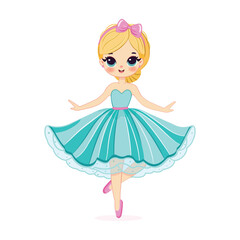 Cute and pretty girl is dancing in a beautiful dress on white background. Poster, Banner, Flyer, Greeting Card. Vector illustration in flat cartoon style