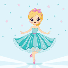Cute and pretty girl is dancing in a beautiful  dress on color background. Poster, Banner, Flyer, Greeting Card. Vector illustration in flat cartoon style