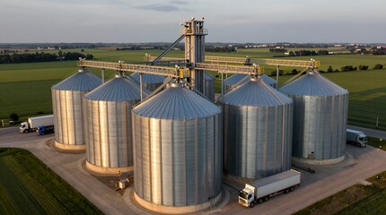 Aerial view of modern metal grain silos surrounded by expansive green agricultural fields in rural
