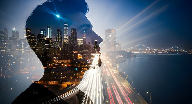 Man s profile merged with cityscape at night representing vision and urban connection - Powered by Adobe