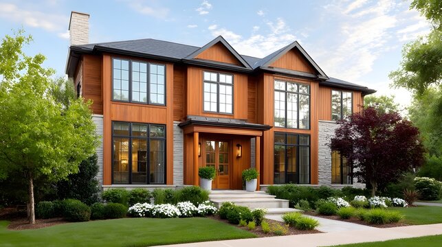 Exquisite multi story modern home featuring rich cedar wood exterior contrasting stone pillars expansive black framed  and a beautifully landscaped garden