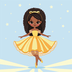 Cute and pretty black girl is dancing in a beautiful yellow dress on blue background. Poster, Banner, Flyer, Greeting Card. Vector illustration in flat cartoon style