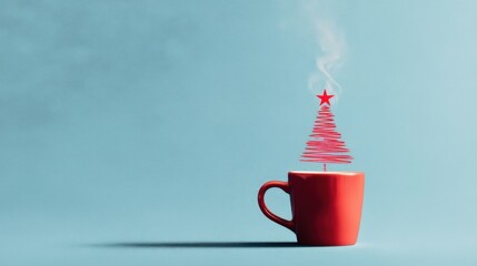 A red mug with a whimsical Christmas tree drawn inside appears swirling, creating motion illusion,