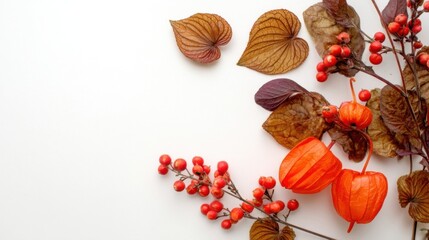 Serene autumn still life with bright orange physalis fruits, small red berries, dried brown leaves,