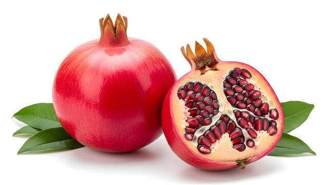 Fresh pomegranates whole and cut open with seeds on white