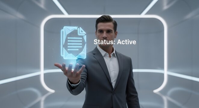 Futuristic businessman interacting with holographic document in modern office environment