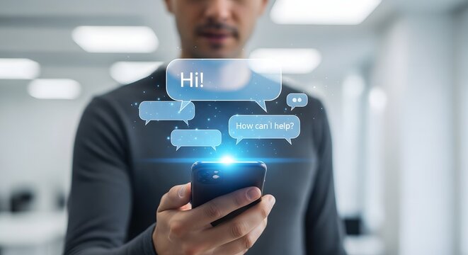 Man interacting with holographic interface on smartphone for communication and information access