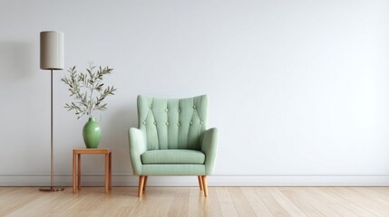 A light green armchair paired with a wooden side table on polished hardwood flooring,