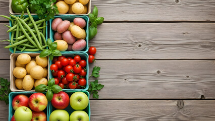 Fresh produce in baskets on rustic wood background with copy space