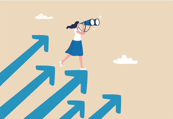 Searching for growth opportunity, vision to look and see future, challenge ahead or motivation to grow business concept, businesswoman on arrows look through binoculars to find business opportunity