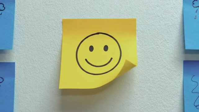 Yellow sticky note with a smiley face standing out among blue sad notes. Stop motion animation of a happy expression curling on a wall. Mental health and positivity concept