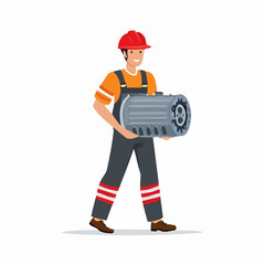 Smiling construction worker carrying heavy machinery part across the factory floor with determination and expertise, showcasing industrial prowess and efficiency.