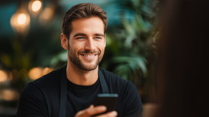 Fototapeta premium Smiling man in a dark apron holding a smartphone indoors with soft blurred lights and green plants in the background