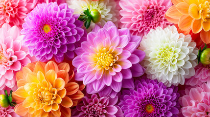 Colorful dahlia flowers arranged in a vibrant mix of pink, purple, orange and white petals creating a bright lively floral
