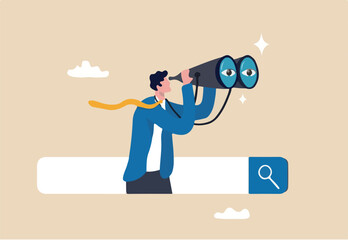 Search and discovery career or job opportunity, looking for job vacancy, marketing insight, find new success, research or observation concept, businessman look with spyglass, binoculars on search bar