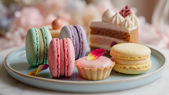 Colorful Macarons and Desserts on a Plate - A Sweet Treat.