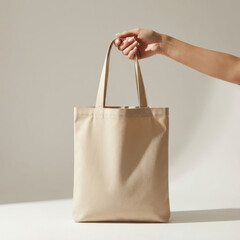 Minimal Neutral Beige Canvas Tote Bag Held by Hand for Clean Branding Design Preview