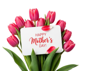 A crisp white greeting card with 'Happy Mother's Day!' text nestled in vivid pink tulips, green leaves, on a transparent studio background with copy space and bokeh, Mother's Day celebration